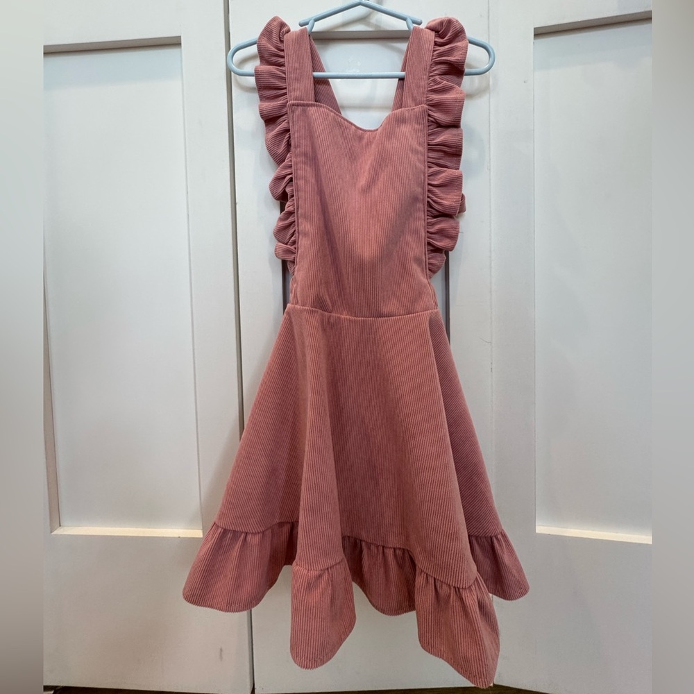 Girls' Corduroy Rose Pink Ruffle Pinafore Dress
